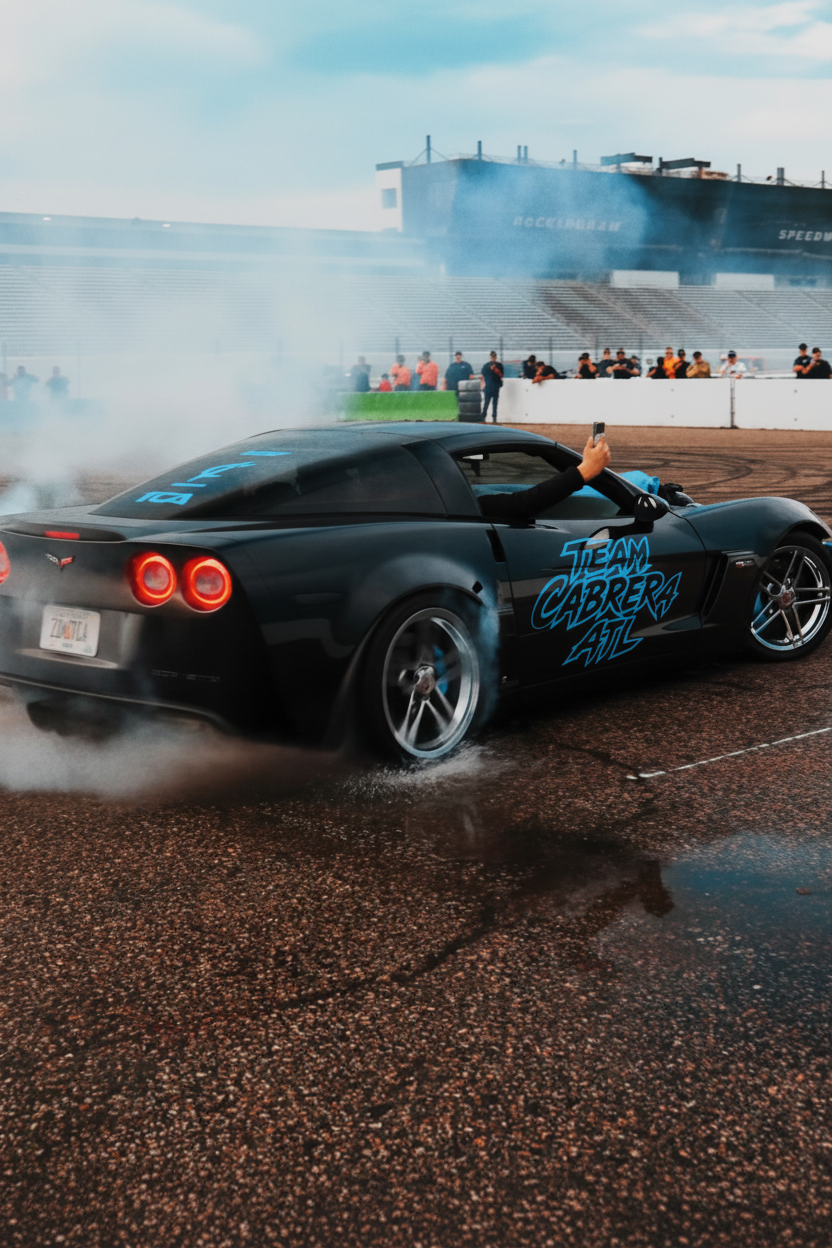 A black Corvette sports car with blue graphics and smoke effects, photographed on a racetrack with a grandstand in the background under a blue sky.